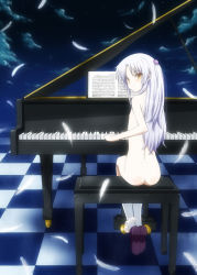 Rule 34 | 10s, 1girl, angel beats!, ass, blush, casual nudity, checkered floor, cloud, feathers, flat chest, floor, from behind, grand piano, hair ornament, half updo, instrument, long hair, looking at viewer, looking back, nekomimi kanon, night, nipples, nude, panties, panties around leg, perspective, piano, shoes, silver hair, sitting, sky, socks, solo, tenshi (angel beats!), underwear, very long hair, yellow eyes