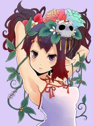 Rule 34 | 1girl, armpits, arms behind head, arms up, blush, brown eyes, brown hair, dress, flower, hair flower, hair ornament, holding, holding own hair, long hair, looking at viewer, original, plant, solo, standing, uni mate, vines, white dress