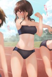 Rule 34 | 3girls, bent over, black buruma, black sports bra, breasts, brown eyes, brown hair, buruma, cloud, commentary request, expressionless, gluteal fold, highres, looking away, looking to the side, midriff, minato ojitan, multiple girls, navel, one-piece tan, original, outdoors, outstretched arm, running track, short hair, sky, small breasts, sports bikini, sports bra, stretching, sweat, tan, tanline, thighs, track and field, translation request, two-tone sports bra