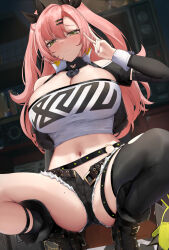 Rule 34 | 1girl, amillion (zenless zone zero), ankle strap, bare shoulders, belt, black belt, black collar, black footwear, black ribbon, black shorts, black sleeves, black socks, black thighhighs, blurry, blurry background, blush, boots, breasts, brown belt, choker, clothing cutout, collar, commentary, cutoffs, detached sleeves, earrings, english commentary, fingernails, green eyes, hair between eyes, hair ornament, hair ribbon, hairclip, heart, heart choker, heart cutout, heart earrings, highres, huge breasts, jewelry, long hair, long sleeves, looking at viewer, mole, mole on breast, mole on thigh, mole under eye, n9at, nail polish, navel, nicole demara, o-ring, o-ring belt, open belt, open fly, open mouth, parted bangs, pink hair, pink nails, ribbon, shorts, single thighhigh, socks, solo, squatting, stomach, strapless, thigh strap, thighhighs, thighs, torn clothes, torn thighhighs, tube top, two side up, v, white tube top, zenless zone zero