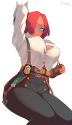 Rule 34 | 1girl, :o, belt, blue eyes, breasts, darahan, dark skin, giovanna (guilty gear), gloves, guilty gear, guilty gear strive, large breasts, one eye covered, overalls, police badge, red hair