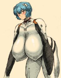 1girl absurdres alternate_breast_size ayanami_rei blue_hair blush bodysuit breasts covered_erect_nipples gussuripii highres huge_breasts looking_at_viewer mecha_pilot_suit neon_genesis_evangelion plugsuit red_eyes short_hair smile solo white_bodysuit