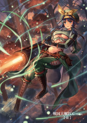 Rule 34 | 1girl, blue eyes, blue hair, breasts, cannon, cuboon, fire, hat, large breasts, long hair, navel, official art, sengoku taisen, solo, underboob