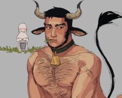Rule 34 | 1boy, 1other, animal ears, artist self-insert, bara, beard, bell, black hair, blush, buzz cut, chest hair, cow boy, cow ears, cow horns, cow tail, cowbell, drooling, eating, faceless, facial hair, golden kamuy, grass, hairy, horns, kemonomimi mode, large pectorals, male focus, mature male, muscular, muscular male, nipples, nude, pectorals, pyszvly, short hair, solo focus, tail, tail raised, tanigaki genjirou, thick eyebrows, very short hair