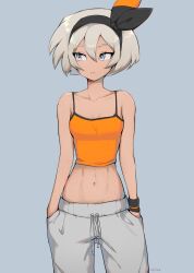 Rule 34 | 1girl, :&lt;, abs, bea (pokemon), black hairband, blue eyes, breasts, camisole, casual, collarbone, cowboy shot, creatures (company), crop top, dark-skinned female, dark skin, game freak, grey background, hair between eyes, hairband, hands in pockets, highres, light brown hair, looking to the side, milka (milk4ppl), navel, nintendo, pants, pokemon, pokemon swsh, short hair, small breasts, solo, toned, track pants, wristband