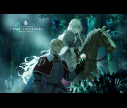 Rule 34 | 1boy, 1girl, armor, blonde hair, blue eyes, breastplate, cloak, facing viewer, flower, forest, gauntlets, highres, horse, knight, letterboxed, light rays, long hair, lost elle, nature, pixiv fantasia, pixiv fantasia last saga, plate armor, pointy ears, riding, rose, short hair, shoulder armor, walking, white flower, white hair, white rose