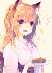 Rule 34 | 1girl, :d, animal ear fluff, animal ears, chita (ketchup), food, fox ears, holding, long hair, looking at viewer, open mouth, orange eyes, orange hair, original, plate, ponytail, simple background, smile, solo, wagashi, youkan (food)