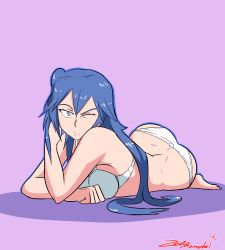 Rule 34 | 1girl, ass, blue eyes, blue hair, bra, breasts, cleavage, female focus, fire emblem, full body, long hair, looking at viewer, lucina (fire emblem), matching hair/eyes, nintendo, one eye closed, panties, simple background, solo, underwear, zero momentai