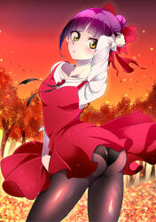 Rule 34 | 1girl, absurdres, arm behind head, arm up, ass, autumn, black panties, black ribbon, bow, brooch, clothes lift, commentary, cowboy shot, dress, dress lift, dress tug, gegege no kitarou, gradient sky, grey pantyhose, hair bow, highres, jewelry, light frown, long sleeves, looking at viewer, looking back, mitsuki tayura, neck ribbon, nekomusume, nekomusume (gegege no kitarou 6), outdoors, panties, panties under pantyhose, pantyhose, pinafore dress, pointy ears, purple hair, red bow, red dress, ribbon, shirt, short dress, short hair, sky, sleeveless, sleeveless dress, solo, standing, tree, underwear, white shirt, wind, wind lift, yellow eyes