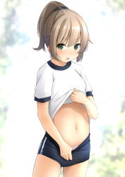Rule 34 | 1girl, black buruma, blurry, blurry background, brown hair, buruma, buruma pull, clothes lift, clothes pull, commentary request, green eyes, gym uniform, hair ornament, hair scrunchie, high ponytail, highres, lifting own clothes, looking at viewer, navel, open mouth, original, panties, pink panties, ponytail, scrunchie, shibacha, shirt, shirt lift, short sleeves, sidelocks, solo, standing, stomach, underwear, white shirt
