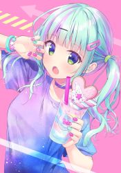 Rule 34 | 1girl, :o, aqua hair, arm up, arrow (symbol), blue eyes, blue shirt, choker, claw pose, collarbone, cup, drinking glass, drinking straw, fang, food, green eyes, hair ornament, hairclip, heart, highres, holding, holding cup, long hair, looking at viewer, marshmallow, multicolored eyes, multicolored hair, multicolored nails, multicolored shirt, nail art, nail polish, open mouth, original, purple hair, purple shirt, ryouka (suzuya), shirt, short sleeves, sidelocks, solo, star (symbol), twintails, two-tone hair, upper body, wristband