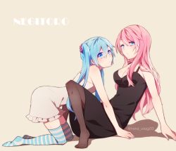Rule 34 | 2girls, all fours, blue eyes, blue hair, breasts, cleavage, dress, hatsune miku, long hair, megurine luka, multiple girls, nora usagi, pantyhose, sitting, small breasts, striped clothes, striped legwear, striped thighhighs, thighhighs, twintails, twitter username, vocaloid