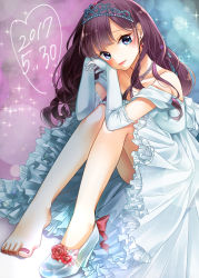 Rule 34 | 1girl, bare shoulders, barefoot, blue eyes, blush, brown hair, dated, dress, earrings, elbow gloves, frilled dress, frills, glass slipper, gloves, head rest, highres, ichinose shiki, idolmaster, idolmaster cinderella girls, jewelry, long hair, looking at viewer, nail polish, nazuna (nzn212), necklace, off shoulder, shoes, single shoe, sitting, solo, sparkle, thighs, tiara, toenail polish, toenails, wavy hair, white dress, white gloves