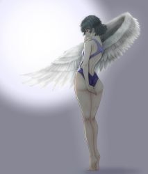 Rule 34 | 1girl, absurdres, alternate costume, angel wings, arm behind back, artistic error, ass, back, backlighting, bad id, bad pixiv id, braid, breasts, covering own mouth, feathered wings, french braid, full body, grey background, grey wings, highres, hiraya n, kishin sagume, kneepits, legs, light, looking at viewer, looking back, one-piece swimsuit, red eyes, short hair, silver hair, single wing, small breasts, soles, solo, swimsuit, thighs, tiptoes, toes, touhou, wavy hair, white background, wings