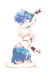 Rule 34 | 1girl, arm up, bad id, bad pixiv id, barefoot, black gloves, blue eyes, blue hair, blush, bra, breasts, clothes around waist, covered erect nipples, fingerless gloves, full body, gloves, hair bobbles, hair ornament, hat, highres, kawashiro nitori, key, kneeling, looking at viewer, medium breasts, midriff, navel, non (z-art), panties, pantyshot, pencil, short hair, short twintails, sideboob, simple background, solo, topless male, touhou, twintails, underwear, white background, white bra, white panties, wrench
