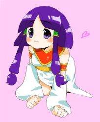 Rule 34 | 1girl, :3, all fours, cleopatra fortune, detached sleeves, heart, ichihaya, patrako (cleopatra fortune), purple eyes, purple hair, solo, taito, twintails