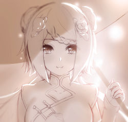Rule 34 | 1girl, braid, china dress, chinese clothes, chongqing (warship girls r), closed mouth, double bun, dress, flower, french braid, glowing, hair flower, hair ornament, holding, looking at viewer, low twintails, monochrome, parasol, portrait, prinz luzifer, sketch, smile, solo, tears, twintails, umbrella, warship girls r