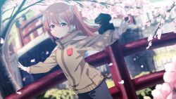 Rule 34 | 1girl, blush, brown eyes, brown hair, brown jacket, cherry blossoms, falling petals, hair between eyes, half-closed eyes, high collar, highres, jacket, looking at viewer, open hands, outdoors, outstretched arms, pants, petals, side ponytail, sidelocks, smile, solo, squinting, standing, tree, woori (jtfy3485), yuuki yuuna, yuuki yuuna wa yuusha de aru, yuusha de aru