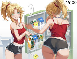 Rule 34 | 1girl, ass, back, bare shoulders, blonde hair, braid, breasts, camisole, carton, collarbone, dolphin shorts, fate/apocrypha, fate (series), french braid, green eyes, grey shorts, hair ornament, hair scrunchie, highres, jewelry, licking lips, long hair, looking at viewer, mordred (fate), mordred (fate/apocrypha), multiple views, navel, necklace, ponytail, red camisole, refrigerator, revision, scrunchie, short shorts, shorts, sidelocks, small breasts, tonee, tongue, tongue out, translated