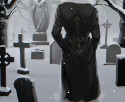Rule 34 | 1boy, angel statue, bare tree, black coat, chrollo lucilfer, coat, cross, from behind, fur-trimmed coat, fur trim, grave, graveyard, hands in pockets, head out of frame, highres, hunter x hunter, inverted cross, long coat, long sleeves, male focus, outdoors, smnsutycoc, snow, solo, tombstone, tree