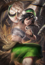 Rule 34 | 1girl, avatar: the last airbender, avatar legends, black hair, clenched teeth, clothes around waist, dirty, fighting stance, highres, looking at viewer, navel, sakimichan, sarashi, solo, stomach, sweat, teeth, toph bei fong