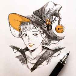 Rule 34 | 1girl, :d, bell, clivenzu, commentary, earrings, english commentary, freckles, graphite (medium), hair bell, hair bun, hair ornament, hat, highres, inktober, jewelry, jingle bell, looking at viewer, mechanical pencil, mixed media, open mouth, orange theme, original, pencil, photo (medium), portrait, short hair, single hair bun, smile, solo, spot color, traditional media, witch hat
