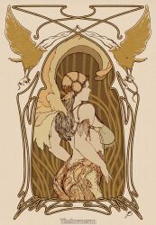 1girl armlet art_nouveau ass bird border breasts brown_theme cowboy_shot curvy feathered_wings headdress jewelry large_breasts long_hair nipples original ornate_border profile see-through see-through_shirt shirt snake solo the_insaneum wings