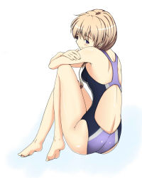 Rule 34 | 1girl, ass, barefoot, brown hair, competition swimsuit, from behind, highres, kkk, one-piece swimsuit, original, purple eyes, solo, swimsuit