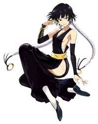 Rule 34 | 1girl, bare shoulders, black dress, black eyes, black footwear, black hair, bleach, breasts, commentary, detached sleeves, dress, from side, full body, highres, looking at viewer, okken, short hair with long locks, sideboob, simple background, small breasts, solo, sui-feng, white background