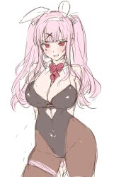 Rule 34 | 1girl, alternate costume, arms behind back, blush, breasts, highres, hololive, hololive english, kamiya maneki, large breasts, leotard, looking at viewer, mori calliope, pink hair, playboy bunny, red eyes, sketch, twintails, virtual youtuber, wide hips