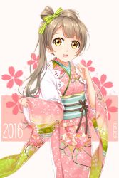 Rule 34 | 10s, 1girl, 2016, brown eyes, brown hair, floral print, highres, japanese clothes, kimono, long hair, long sleeves, love live!, love live! school idol festival, love live! school idol project, minami kotori, obi, open mouth, sash, side ponytail, smile, solo, tucana, very long hair, wide sleeves