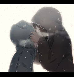 Rule 34 | 2girls, black hair, closed eyes, commentary request, covered face, from side, hidden face, highres, hood, hooded jacket, jacket, kiss, letterboxed, motion blur, multiple girls, original, outdoors, roisa, simple background, snowing, winter, winter clothes, yuri