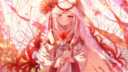 Rule 34 | 1girl, absurdres, blush, closed mouth, commentary request, earrings, flower, highres, holding, holding flower, hololive, hololive english, hood, hood up, ijac ray, japanese clothes, jewelry, kimono, long hair, long sleeves, looking at viewer, mori calliope, nail polish, pink hair, red eyes, red nails, skull, smile, solo, spider lily, uchikake, upper body, very long hair, virtual youtuber, white kimono, wide sleeves