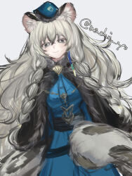 Rule 34 | 1girl, absurdres, animal ear fluff, animal ears, arknights, black cape, blue dress, blue headwear, blush, braid, breasts, bright pupils, cape, cowboy shot, dress, dutch angle, grey eyes, grey hair, hair between eyes, highres, leopard ears, leopard girl, leopard tail, long hair, looking at viewer, official alternate costume, pramanix (arknights), pramanix (caster&#039;s frost) (arknights), side braids, simple background, sketch, small breasts, smile, solo, tail, twitter username, wachi (wachi yo), white background, white pupils
