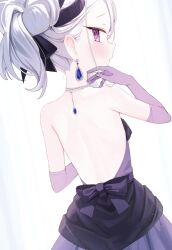 Rule 34 | 1girl, back, blue archive, blush, dangle earrings, dress, earrings, elbow gloves, from behind, gloves, grey hair, highres, hina (blue archive), hina (dress) (blue archive), jewelry, kashuu (pixiv 66328082), long hair, looking at viewer, looking back, necklace, official alternate costume, profile, purple dress, purple eyes, purple gloves, simple background, sleeveless, sleeveless dress, solo, white background