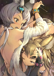 Rule 34 | 10s, 2girls, animal ears, bangle, barefoot, black eyes, blonde hair, blush, bracelet, breasts, bridal gauntlets, detached sleeves, erune, flying sweatdrops, fox ears, frilled sleeves, frills, granblue fantasy, grey eyes, grey hair, hair ornament, hand on another&#039;s back, holding, jewelry, long sleeves, metera (granblue fantasy), mimikaki, mole, multiple girls, one eye closed, open mouth, piro (orip), short hair, siblings, signature, sisters, smile, stella (granblue fantasy), sutera (granblue fantasy), sweatdrop, tongue, tongue out