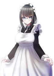 Rule 34 | 1girl, absurdres, alternate costume, apron, black dress, black hair, blue eyes, breasts, closed mouth, collared dress, copyright request, dress, enmaided, frilled apron, frills, glasses, hair between eyes, highres, juliet sleeves, large breasts, long sleeves, looking at viewer, maid, maid apron, maid headdress, nekobaka, puffy sleeves, round eyewear, sidelocks, simple background, smile, solo, transparent background, virtual youtuber, white apron, white background
