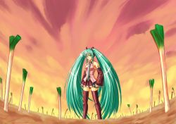 Rule 34 | 1girl, aqua hair, bad id, bad pixiv id, fate/stay night, fate (series), field of blades, hatsune miku, inusurvivor, long hair, parody, solo, spring onion, thighhighs, twintails, unlimited blade works (fate), very long hair, vocaloid