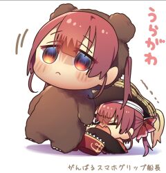 Rule 34 | 1girl, anchor print, animal costume, bear costume, chibi, closed eyes, closed mouth, commentary request, eyepatch, fang, frown, hair between eyes, hair ornament, harumina mau, hat, heterochromia, hololive, houshou kumarine, houshou marine, houshou marine (1st costume), long sleeves, low twintails, open mouth, pirate hat, red eyes, red hair, shadow, simple background, sleeves past wrists, solo focus, translation request, twintails, v-shaped eyebrows, virtual youtuber, white background, yellow eyes