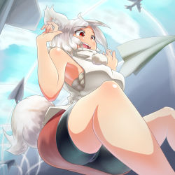 Rule 34 | 1girl, aircraft, airplane, animal ears, bare shoulders, blush, breasts, fang, inubashiri momiji, large breasts, open mouth, paper, paper airplane, pom pom (clothes), red eyes, sarashi, shiny skin, short hair, silver hair, smile, solo, tail, tochinoko, tongue, touhou, wolf ears, wolf tail