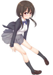 Rule 34 | 1girl, black hair, highres, long hair, low twintails, mikazuchi zeus, original, red eyes, school uniform, simple background, smile, solo, twintails