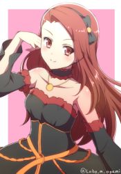 Rule 34 | 1girl, black dress, black hairband, brown eyes, brown hair, collar, collarbone, detached sleeves, dress, hairband, hand in own hair, idolmaster, idolmaster (classic), jewelry, long hair, minase iori, neck garter, necklace, ookami maito, smile, solo, strapless, strapless dress