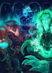 Rule 34 | absurdres, alternate costume, armor, armored boots, artist name, blood moon thresh, blue eyes, blue fire, boots, cellphone, championship thresh, claws, crossed arms, deep terror thresh, fire, full body, gauntlets, gloves, glowing, green eyes, green fire, helmet, highres, holding, holding phone, holding weapon, horns, league of legends, looking at viewer, mediocrity1015, monster, multiple persona, no humans, phone, pillar, red eyes, scythe, sickle, sitting, smartphone, spread legs, ssw thresh, stairs, thresh (league of legends), throne, weapon, yellow eyes