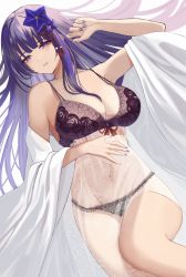 Rule 34 | 1girl, black panties, bra, breasts, cleavage, floral print, flower, genshin impact, hair flower, hair ornament, hand on own stomach, highres, large breasts, long hair, mole, mole under eye, nail polish, panties, parted lips, print bra, print panties, purple bra, purple eyes, purple flower, purple hair, purple nails, raiden shogun, see-through, smile, solo, thighs, underwear, white background, yamikyon