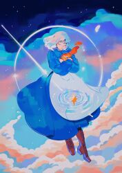 Rule 34 | 1girl, apron, blue dress, blue theme, boots, brown footwear, calcifer, closed eyes, cloud, commentary, dress, english commentary, fire, highres, holding, howl no ugoku shiro, long sleeves, medium hair, meyoco, ripples, sophie (howl no ugoku shiro), white apron, white hair, wide shot