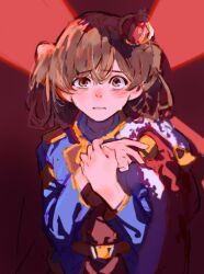 Rule 34 | 1girl, aijou karen, blue jacket, blush, brown hair, cape, commentary, crown, epaulettes, hashtag-only commentary, highres, jacket, looking at viewer, mini crown, parted lips, red background, red cape, red eyes, shoujo kageki revue starlight, solo, sweat, two side up, upper body, uud45gaotrcvkfg