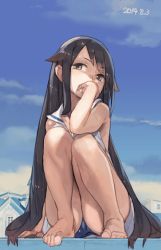 Rule 34 | 1girl, barefoot, black hair, blue panties, blue sky, brown eyes, covering own mouth, dated, day, dress, feet, hair flaps, hand to own mouth, knees to chest, long hair, original, panties, sailor collar, sailor dress, sidelocks, sitting, sky, solo, toro (konirio), underwear, very long hair, white dress