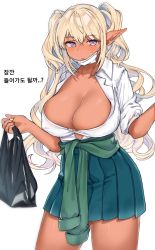 Rule 34 | 1girl, absurdres, bad id, bad pixiv id, bag, blonde hair, blue skirt, blush, breasts, cleavage, clothes around waist, dark elf, dark elven forest ranger, elf, hair between eyes, highres, holding, holding bag, hufy, korean commentary, korean text, large breasts, last origin, long hair, looking at viewer, mask, mask pull, mouth mask, parted lips, pleated skirt, pointy ears, purple eyes, shirt, simple background, skirt, solo, sweat, white background, white shirt