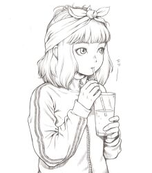 1girl blunt_bangs drink drinking drinking_straw drinking_straw_in_mouth jacket lineart long_sleeves looking_to_the_side messy_hair monochrome original serif_illustrations short_hair sidelocks simple_background solo track_jacket white_background zipper