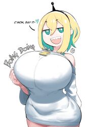 Rule 34 | 1girl, alternate breast size, amano pikamee, black hairband, blonde hair, breasts, green eyes, green hair, hairband, highres, krekkov, large breasts, multicolored hair, off shoulder, open mouth, sharp teeth, shirt, short hair, simple background, smile, solo, teeth, two-tone hair, virtual youtuber, voms, white background, white shirt